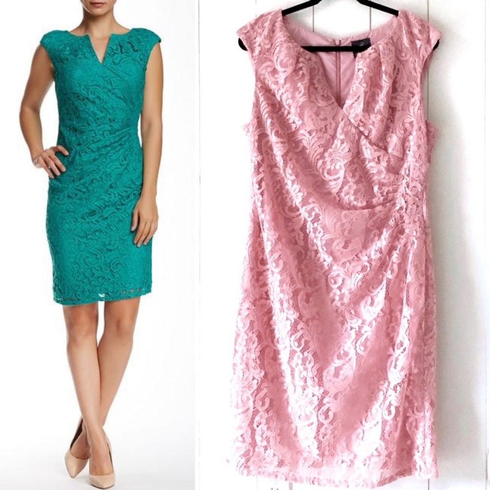 Adrianna Papell Split Neck Fully Pink Lace Dress Size 14 - Picture 14 of 17
